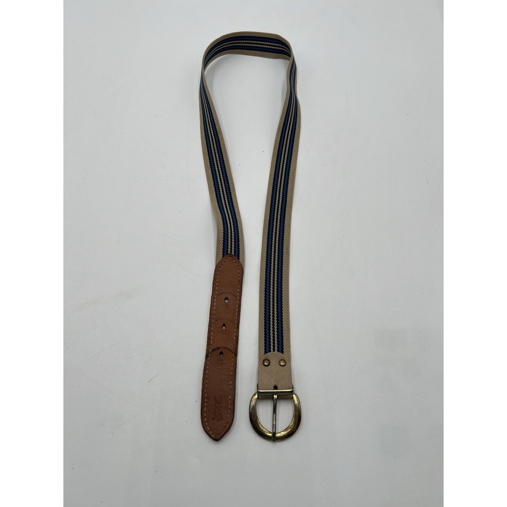 Vintage Fox Logo Stretch Web Belt Blue Tan Striped Brass Buckle Unisex 36"